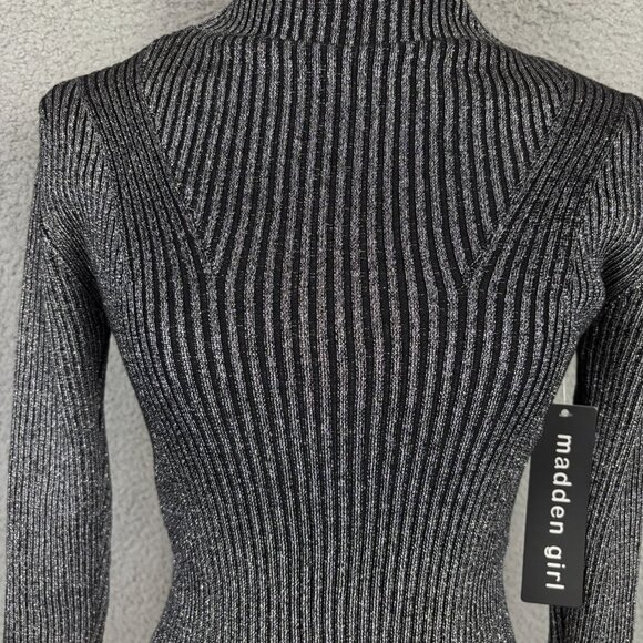 Madden Girl Juniors' Women's Metallic Ribbed Mock-Neck Sweater Black XS NWT's - Picture 2 of 8